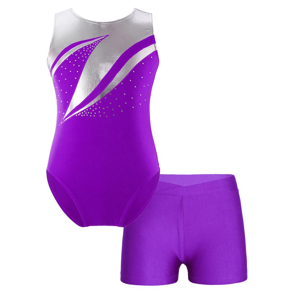 Girls Patchwork Leotard Sleeveless Round Neck Rhinestone Decorated with V Front Waistband Shorts Skating Dance Outfit