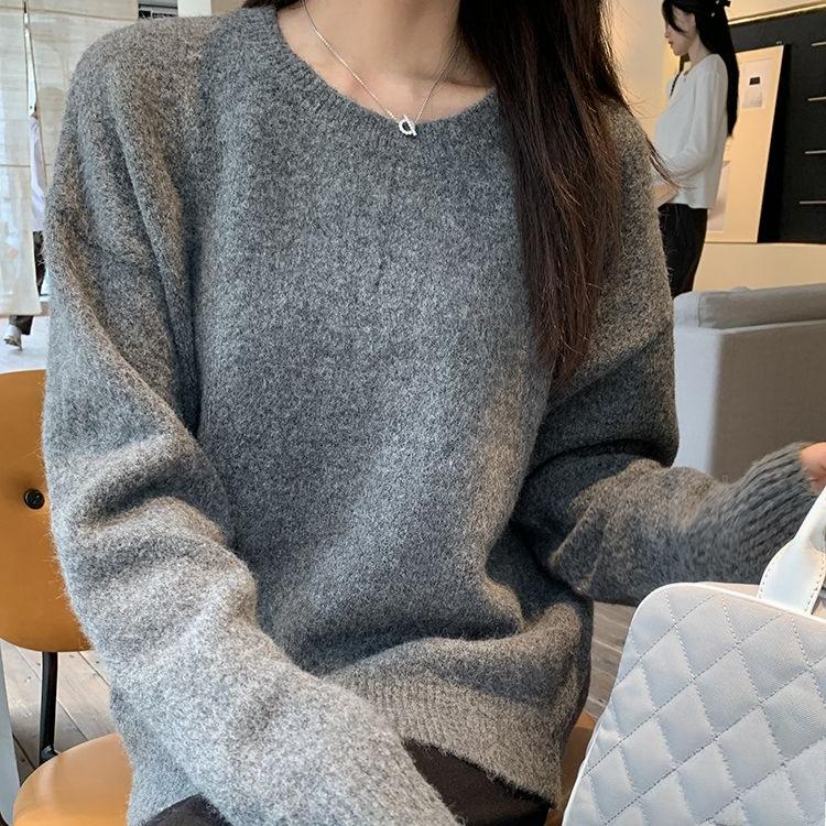 Повседневный пуловер с круглым вырезом для женщин Свободный свитер с длинными рукавами для женщин Однотонный вязаный свитер для осени и зимы