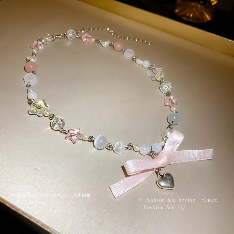 Sweet Heart Star Bow Cats Eye Stone Pendant Necklace Women Delicate Chain Choker Style Jewelry