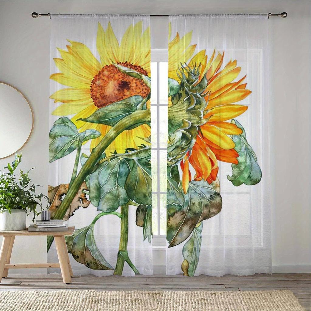Modern Simplistic Style Sunflower Print Drapes for Living Room Bedroom Decor Rod Pocket Semi-Sheer for Windows Decorations
