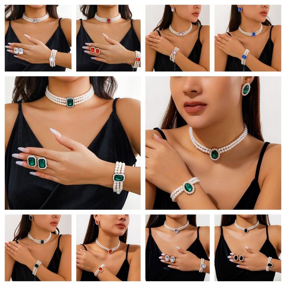 Наборы украшений из страз и жемчуга Многослойное ожерелье с имитацией драгоценных камней, браслет, серьги Набор Роскошные подарки Свадебные наборы украшений Женские