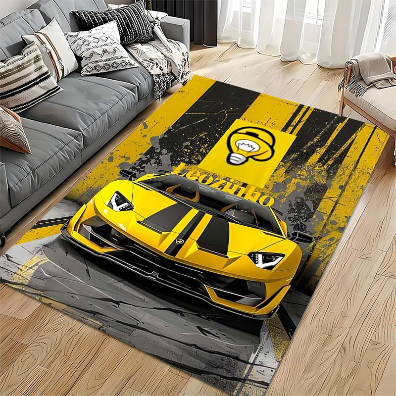 Yellow Sports Car Graphic Rug suitable as a non-slip mat for the living room or bedroom sofa