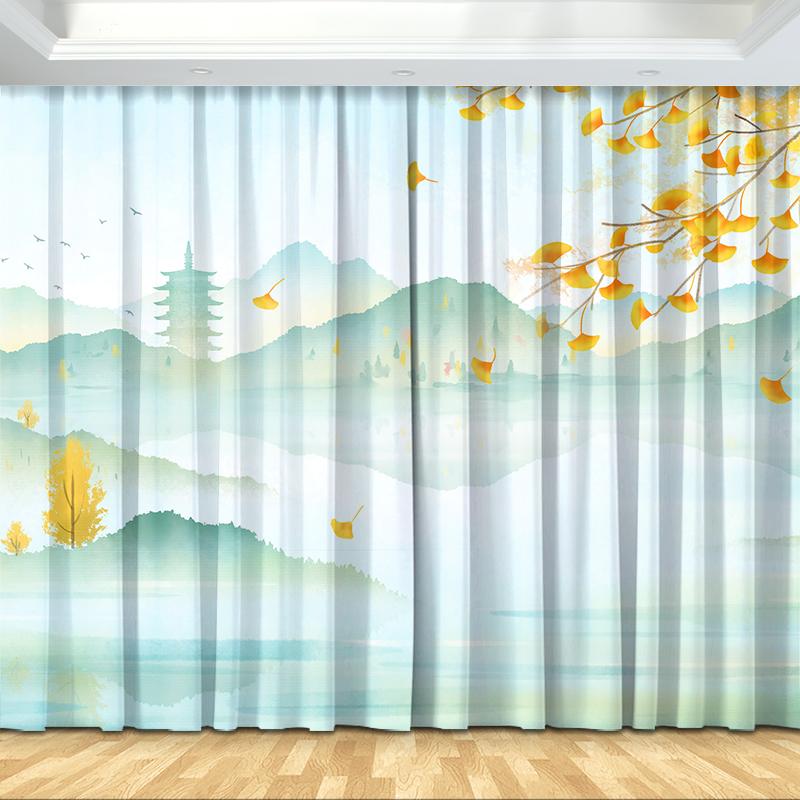 Новая китайская занавеска Японский пейзаж Полутеневая занавеска Печатный крючок для штор Спальня Гостиная Кухня Пол Окно Занавеска