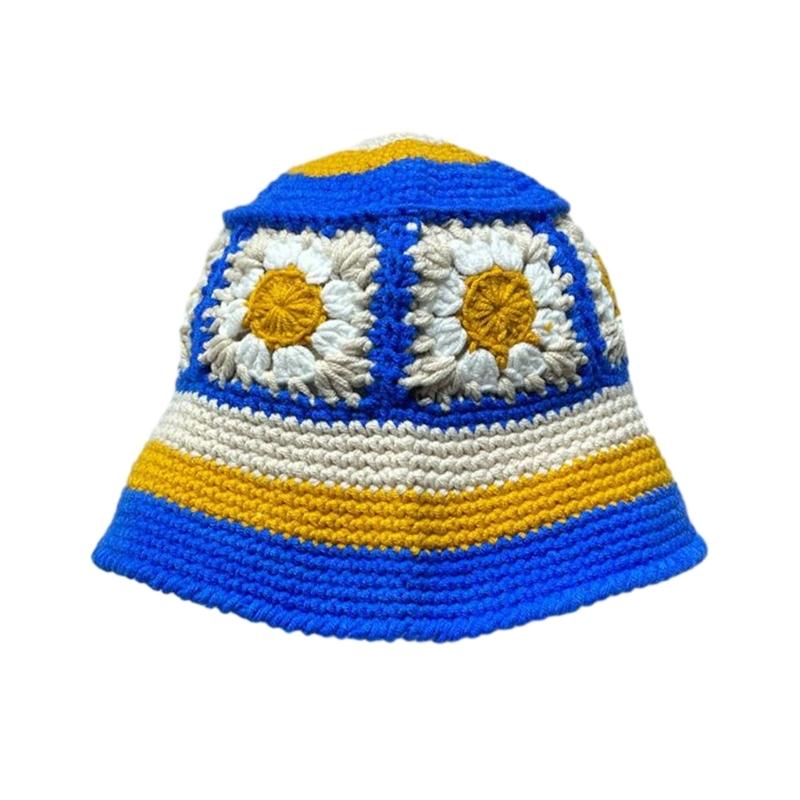 Sweet Girl Crochet Bucket Hat Cute Ladies Fisherman Cap with Flower Pattern Woman Teenagers Casual Summer Sunproof Hat