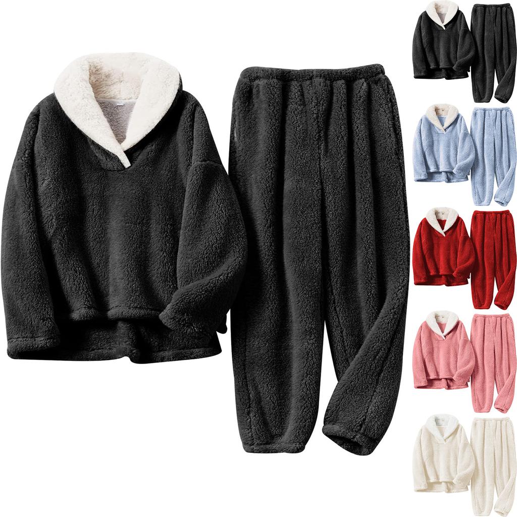 Ladies' Casual And Comfortable Round Neck Warm And Plush Home Clothes Cardigan Sleepwear And Pants Set