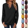 Women's Fashion Casual V-Neck Long Sleeve Loose Soild Printed T-Shirt Ladies Top With Decorative Buttons