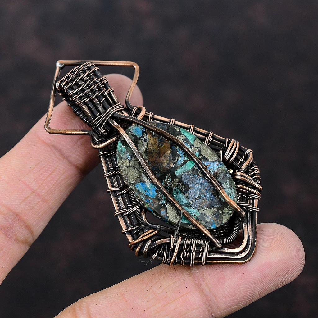 Медный кулон с азуритом и малахитом, обмотанный медной проволокой, ручная работа, медные украшения, кулон с натуральным драгоценным камнем, подарок для нее, украшения в технике wire wrap