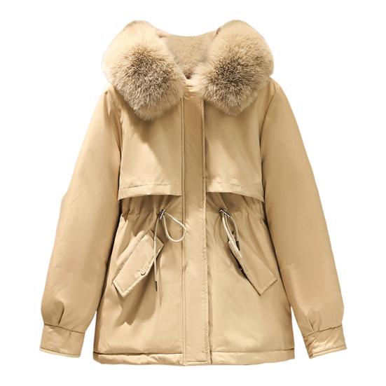 Зимняя женская куртка с меховым капюшоном, длинными рукавами, утепленным шнурком на талии, карманами, хлопковым пальто, застежкой-молнией, средней длины, однотонное ветрозащитное теплое пальто