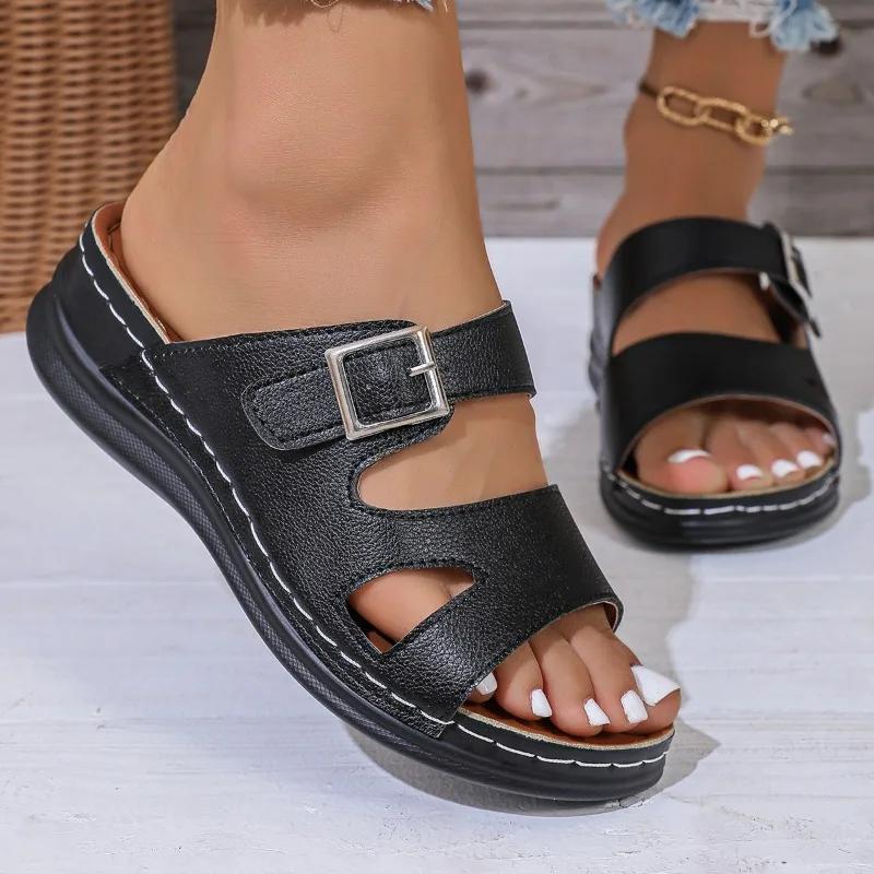 Мода 2024 Горячая Распродажа Обувь Женская С Открытым Носком Женские Шлепанцы Лето Римская Пряжка Однотонные Уличные Повседневные Пляжные На Платформе Большие Размеры Шлепанцы