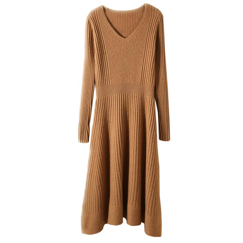 Women's Pure Wool V-Neck Ribbed Knit Dress: Slim, A-Line, Warm Autumn/Winter Sweater Skirt.