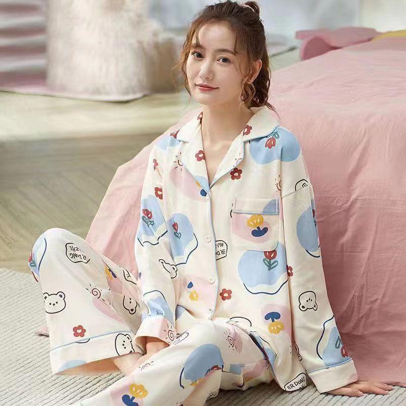 New Women's Pajamas Autumn Long Sleeve Loose Large Size Home Clothes Set Cute Cartoon Home Clothes Cardigan Spring Pajamas Set