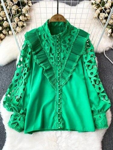 Винтажная блузка в стиле суда для женщин, с воланами, ажурные кружевные лоскутные рубашки с длинными рукавами-фонариками, женские блузки, Прямая поставка