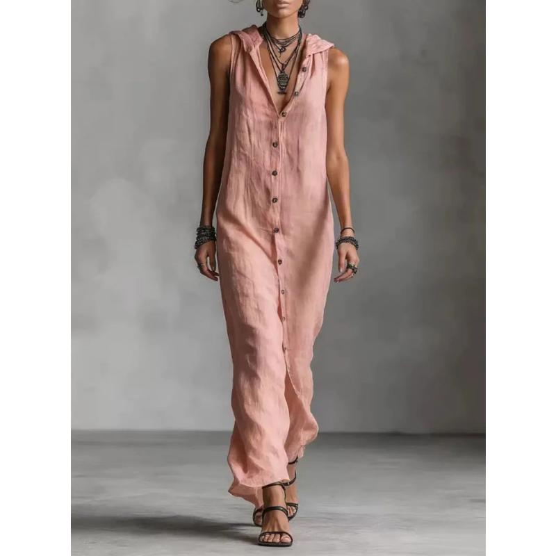Women's Summer Cotton Linen Maxi Dress Hooded Collar Sleeveless Button Down Loose Casual Fashion Shirt Dress for Daily Vacation Wear
