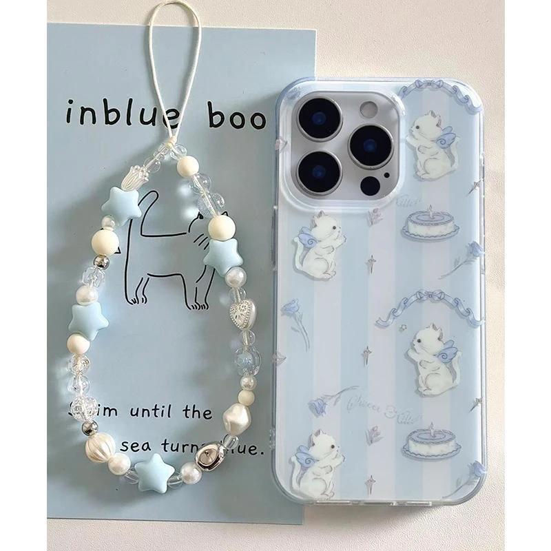 Blue and White Striped Cat Lanyard Suitable for IPhone 16 Large Hole Mobile Phone Case Apple 15 Protective Case 14pro Bracelet