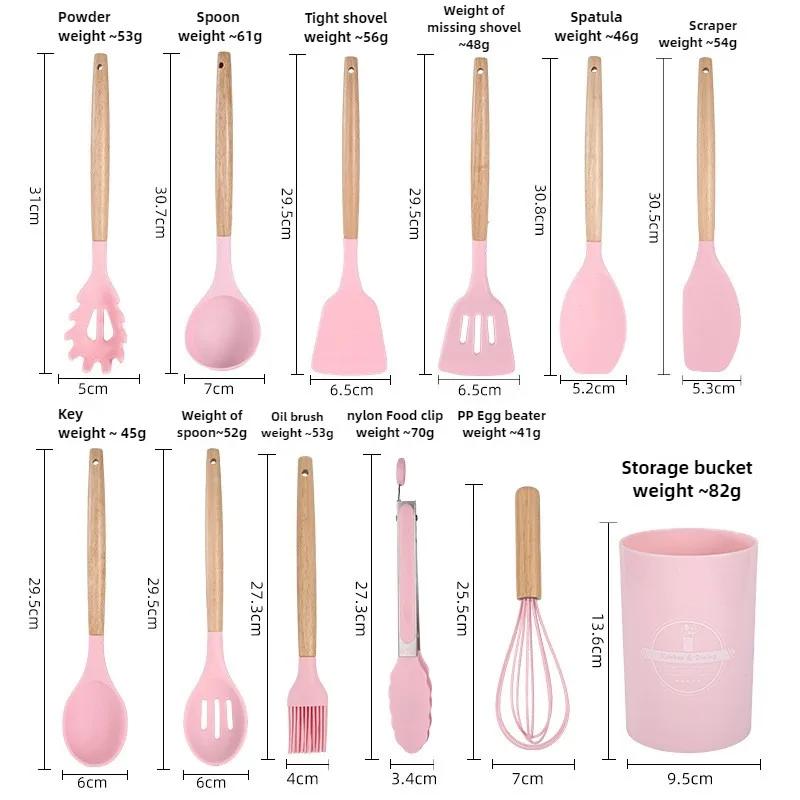 12PCS Silicone Kitchenware Non-Stick Cookware Kitchen Utensils Set Spatula Shovel Egg Beaters Wooden Handle Cooking Tool Set