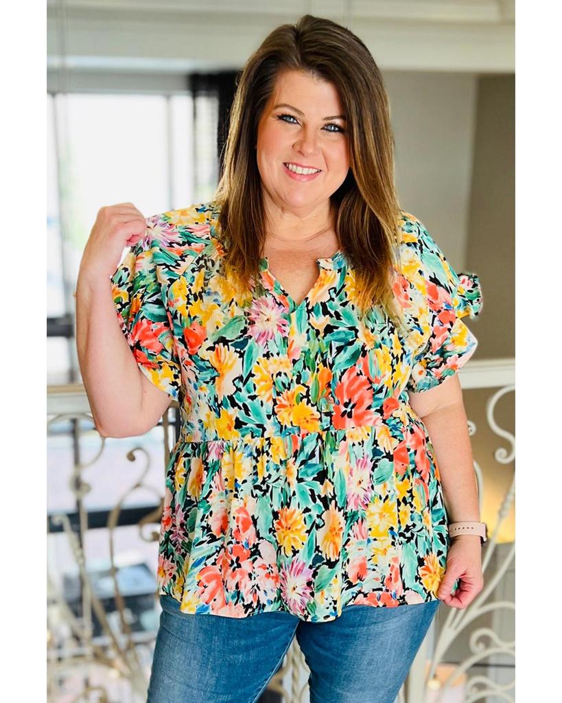 Azura Exchange Блузка с цветочным принтом и оборками на коротких рукавах