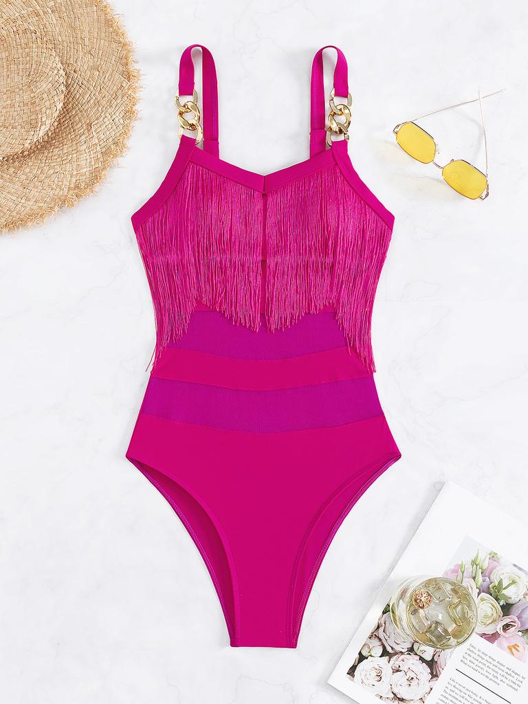 Сексуальный однотонный купальник с цепочкой, цельный купальник, женский купальный костюм с кисточками, купальный костюм, женская пляжная одежда, Монокини Maillot De Bain