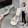 Rhinestone Flower High Heels 2025 Summer Skin Tone Thick Heel Crystal Shoes Internet Celebrity One Font Transparent High Heel Slippers Women