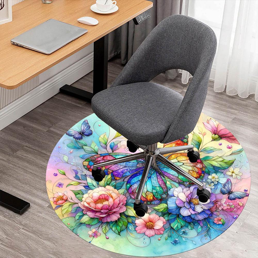 1pc Butterfly Flowers Round Chair mat office Area Rug - Non-Slip, Floor Mat for Office, Bedroom, Ideal home decor gift c0112001
