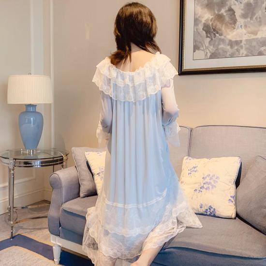 Женская ночная рубашка в стиле Лолиты с кружевной отделкой, винтажная ночная рубашка с длинными рукавами, одежда для сна