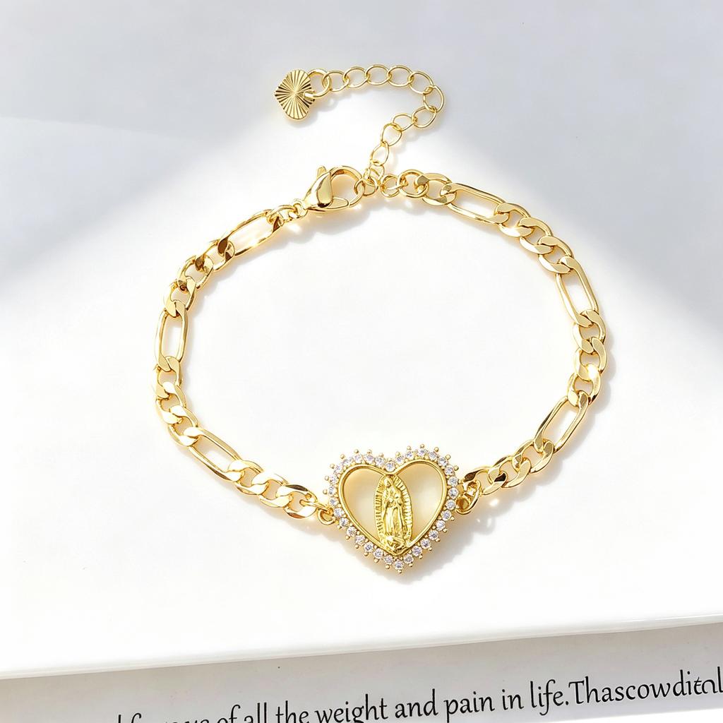 Gold-Plated Figaro Chain Religious Cross Virgin Mary Angel Saint Benedict Bracelet for Men Women PartyFaith Wrist Zircon Jewelry