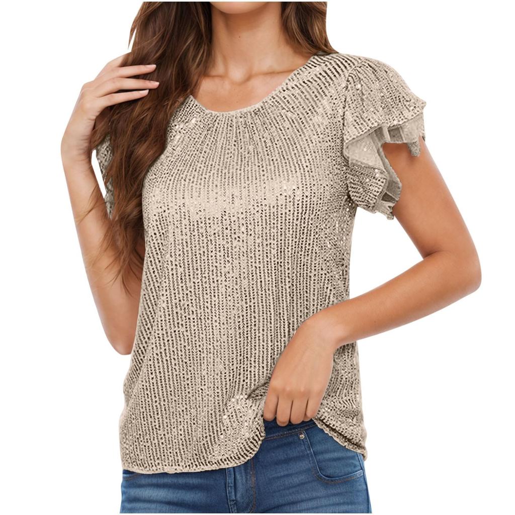 Women's Fashion Solid Color Round Neck Ruffle Sleeve Sequins Casual Blouse Tops