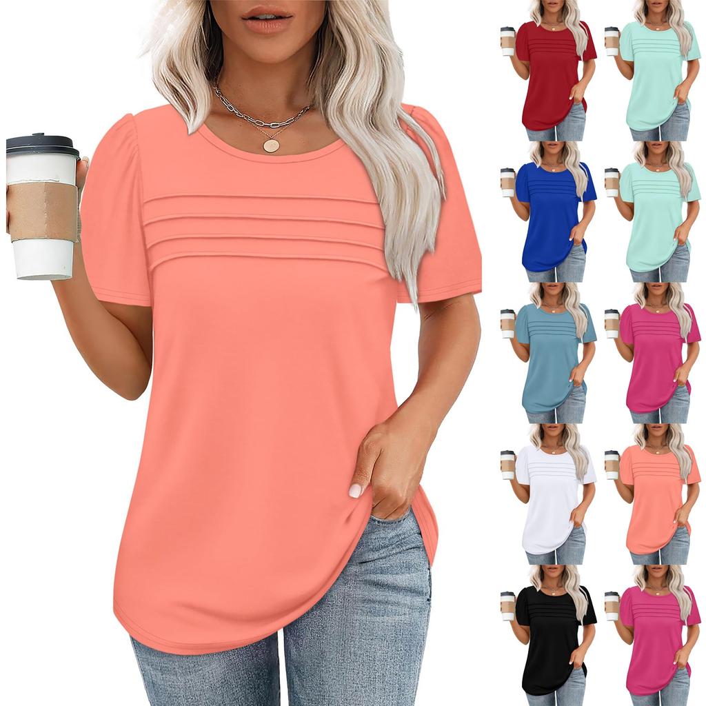 Fashion Tops Pleated Round Neck Short Sleeve T-Shirt