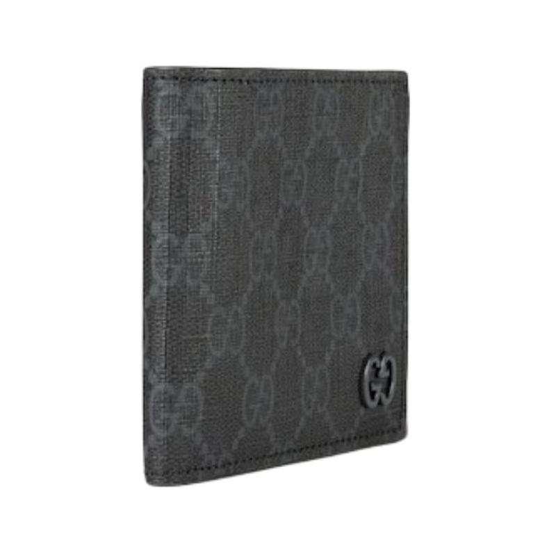 Gucci Double G logo ceramic effect finish flip closure GG Supreme canvas and leather wallet men's black