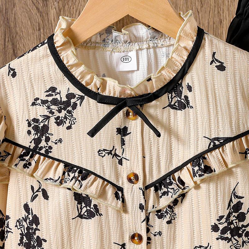 Комплект одежды для девочек Детская одежда Осень/Весна Новый стиль Мода Кружевной принт Рубашка с длинным рукавом + Брюки с широкими штанинами Двойка