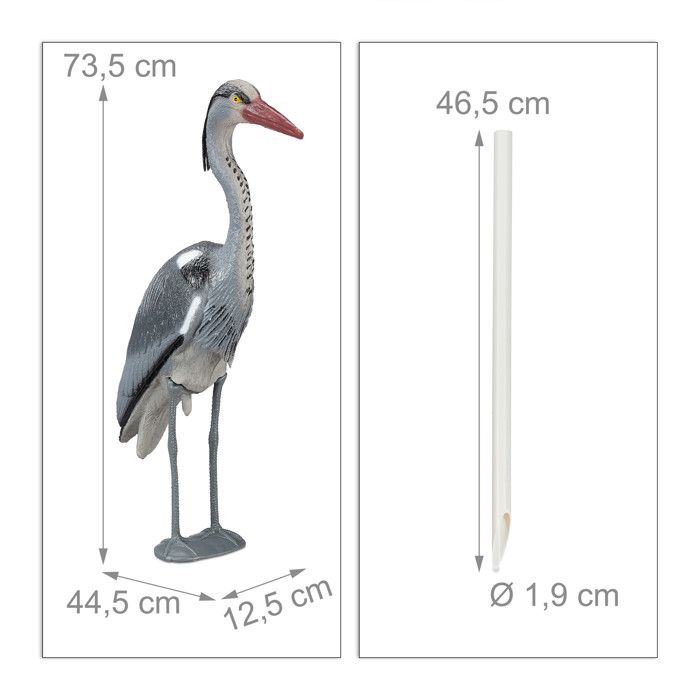 Relaxdays Statue de déco héron, protection contre les chasseurs de poissons, oiseau sur pied, étang, à planter, PE, gris