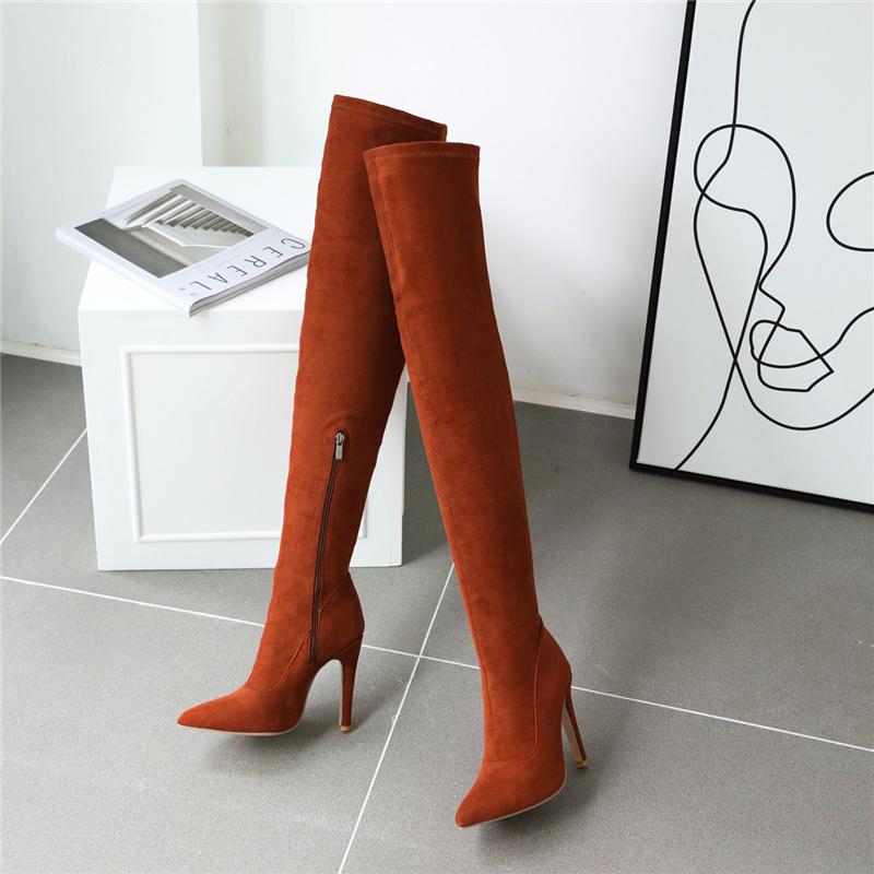 Модные модные высокие сапоги женские мягкие эластичные узкие длинные сапоги выше колена на высоком каблуке дизайнерские туфли с острым носком женские большие размеры 48