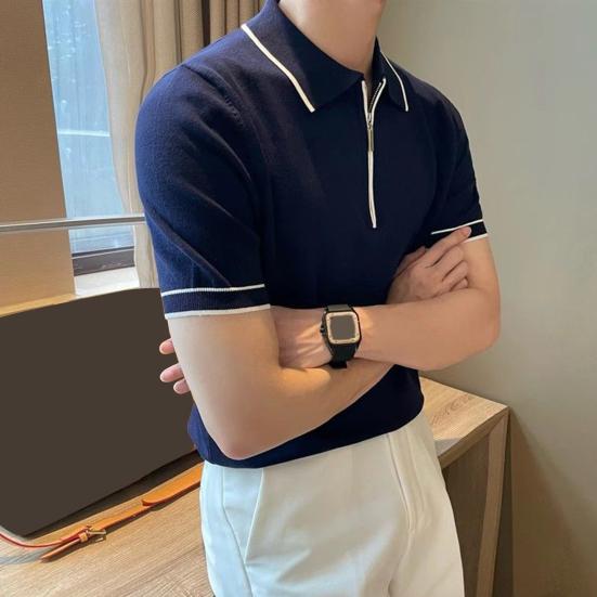 Мужская летняя рубашка, тонкая трикотажная, с коротким рукавом, на молнии, с лацканами, эластичный подол, полосатая, однотонная, свободная рубашка для поездок на работу и путешествий на открытом воздухе