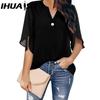 IHUASU Women's Fashion Casual Solid Color Print Short Sleeve V Neck Blouses & Shirts