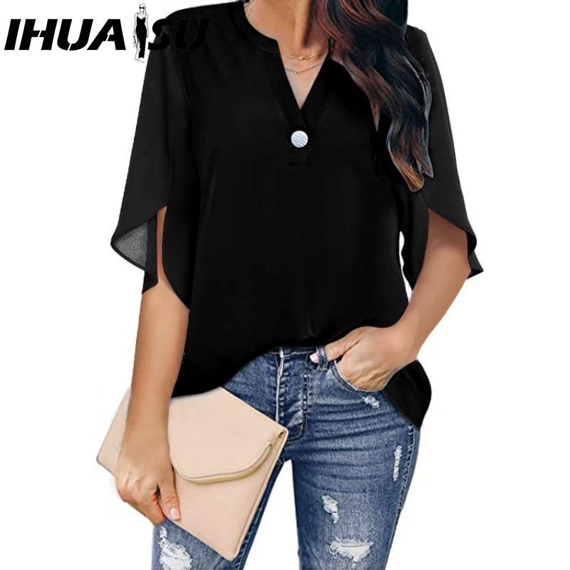 IHUASU Women's Fashion Casual Solid Color Print Short Sleeve V Neck Blouses & Shirts