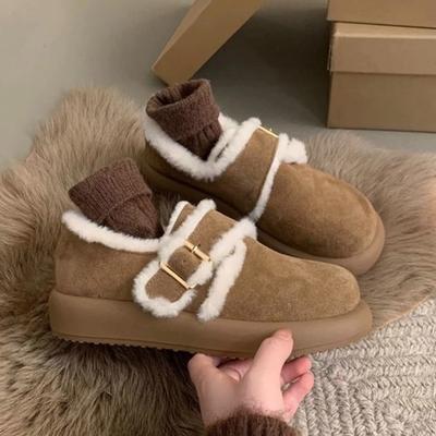 Модные балетки Женские пушистые короткие ботинки Замшевые модные туфли-лоферы с пряжкой 2025 Зима Новые повседневные кроссовки Дизайнерские элегантные до щиколотки до колена