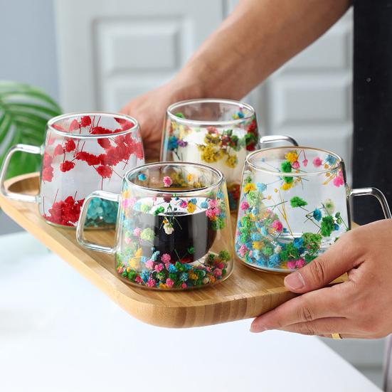 200 мл Двойные стеклянные чашки с настоящими сухоцветами Термостойкие прозрачные кофейные кружки Цветочный дизайн Чайные чашки для элегантного потягивания