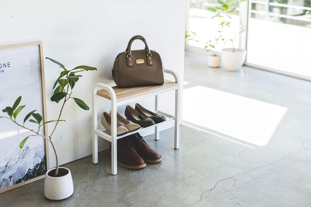 Yamazaki Jitsugyo 4787 Easy To Stand Bench Shoe Rack White W48XD19XH46cm Tower Entrance Bench Shoe Rack with Handle Approx.