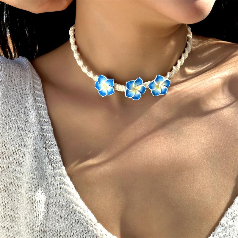 Bohemia Polymer Clay Beaded Flower Necklace for Women Handmade Woven Rope Chain Choker Necklace Summer Beach Jewelry Accessories