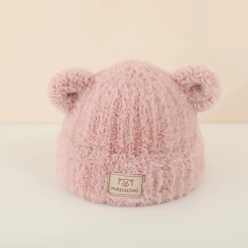 1 Piece Warm New Newborn Beanie for Boy Girl Cute Cartoon Bear Furry Knited Hat Sweet Autumn Winter Warm Plush Crochet Bonnet