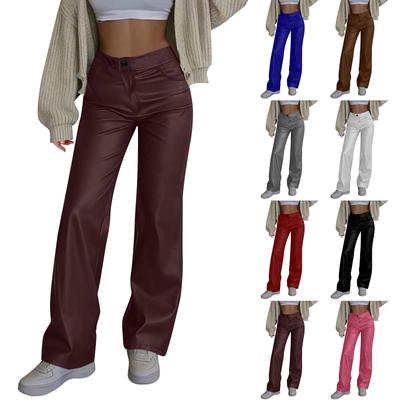 Женские кожаные брюки с высокой талией, прямые кожаные брюки, карман, эластичные, из матовой искусственной кожи, повседневные