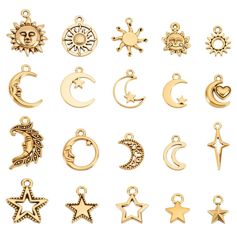 80Pcs 20 Styles Tibetan Style Alloy Pendants Moon and Sun and Star Series Pendant Set Antique Golden 11~26x8~16x1~4mm Hole: 1~2.5mm 4pcs/style