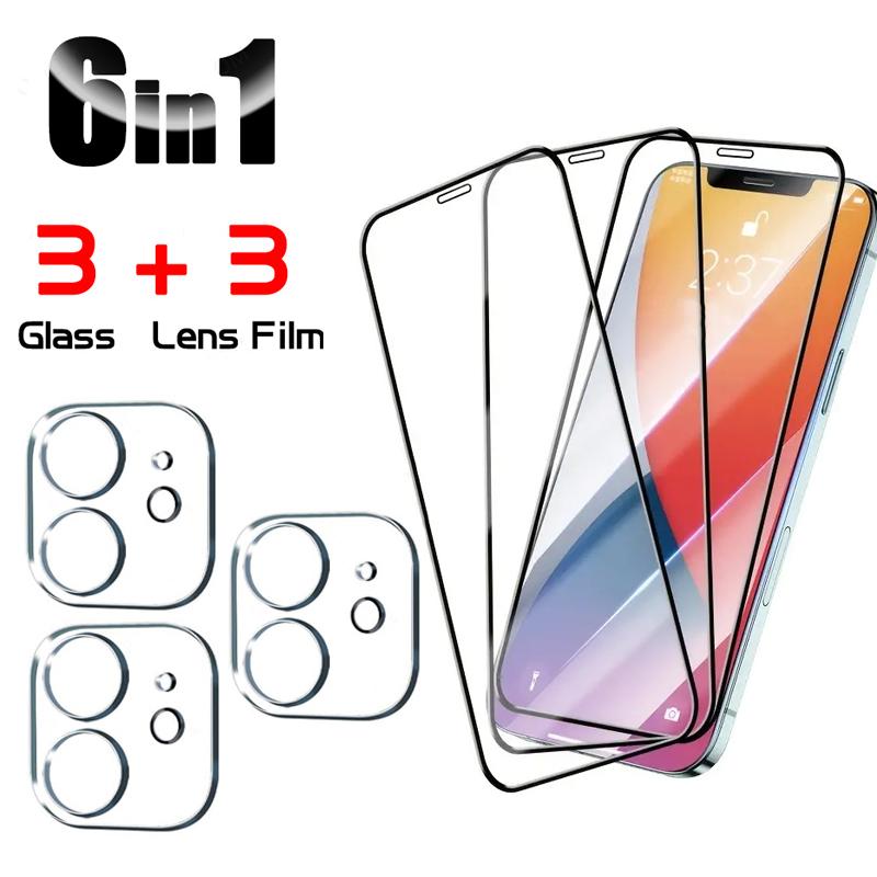 6 в 1 [3 стекла объектива + 3 стекла экрана] Защитная пленка на весь экран из закаленного стекла для Apple iPhone 16 15 14 13 12 11 Pro Max Promax Plus mini