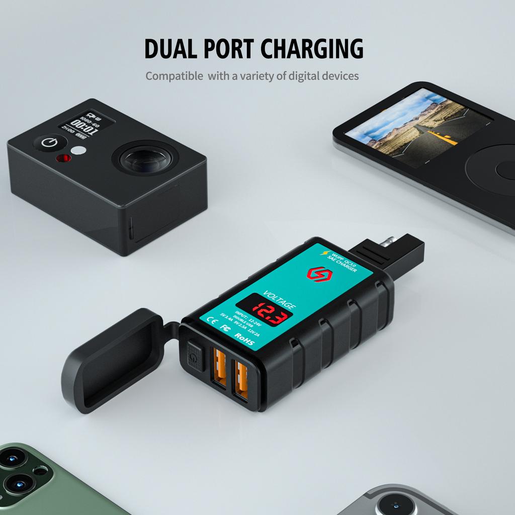 Мотоциклетное зарядное устройство с двумя USB-портами, DC12-24V Универсальное зарядное устройство на руль Мотоциклетное зарядное устройство для телефона с USB-портом для езды Мотоциклетное зарядное устройство для мобильного телефона с USB-портом