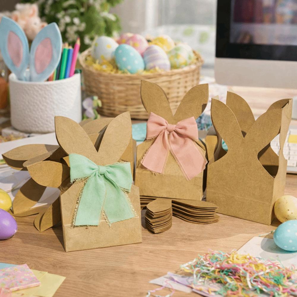 12PCS Cartoon Easter Rabbit Candy Gift Box with Ribbon Bow 3D Bunny Ear Rabbit Cookie Bag Kraft Paper DIY Party Favor Bag