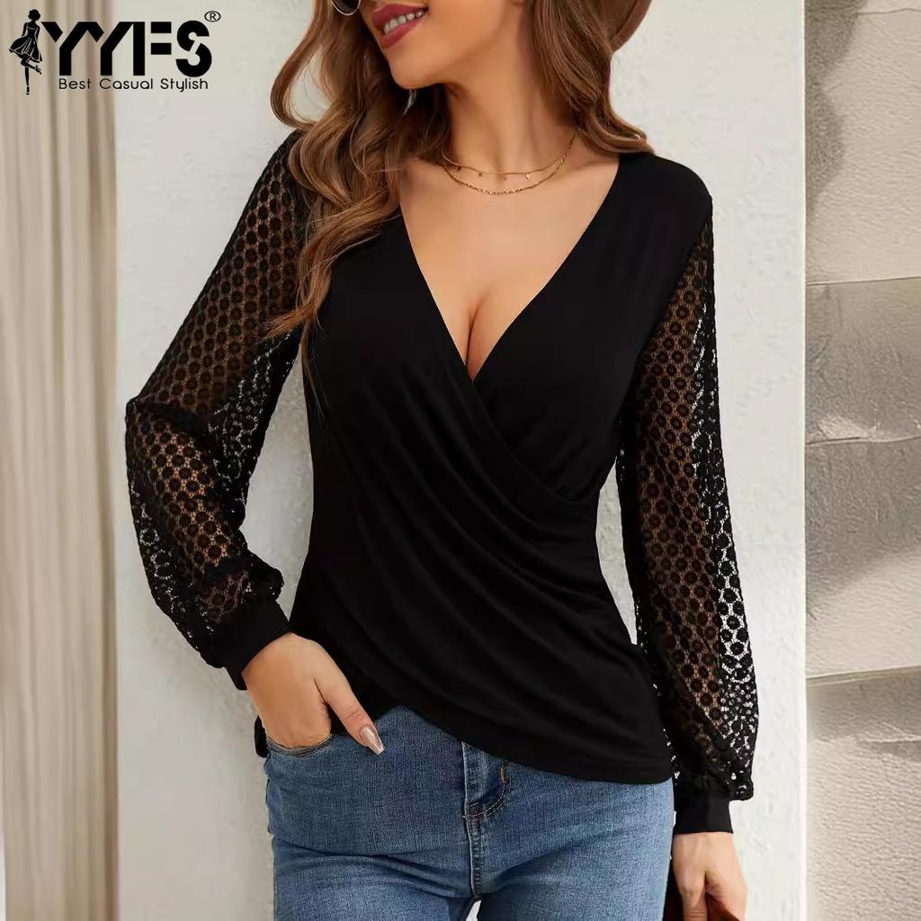 YYFS Women's Fashion Casual Spring Fall Solid Color Print Long Sleeve V-Neck Blouses & Shirts