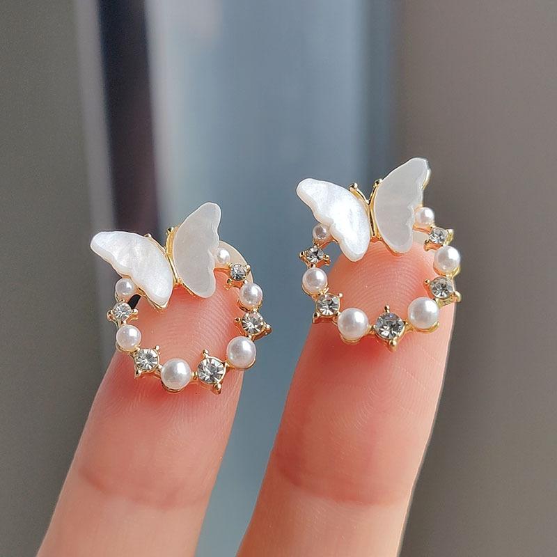 Серьги-гвоздики в форме круглой бабочки, женский дизайн, Sense White Pearl, High Sense Tea Series, нежные серьги