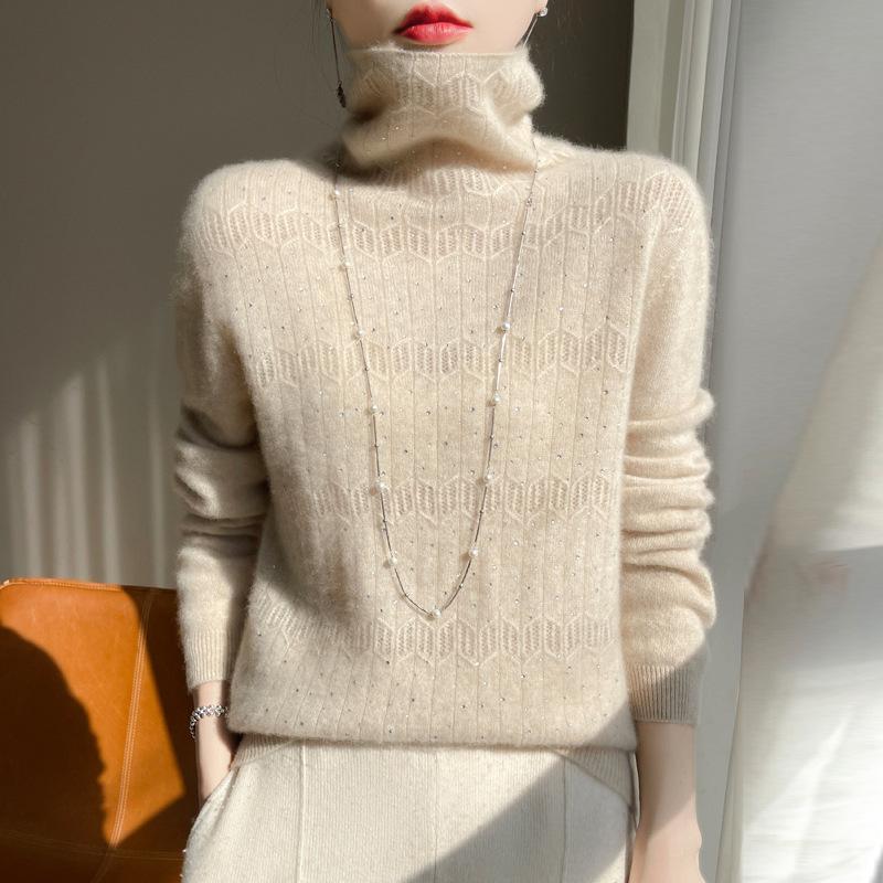 Осень и Зима Первая линия Готовая одежда Вязаные свитера с высоким воротником Шерстяная базовая рубашка для женщин Жаккардовый трикотаж с высоким воротником