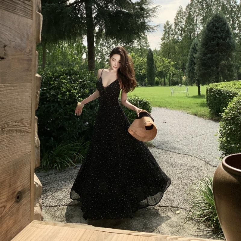 French High-end Black Polka-dot Collar Suspender Dress Women's Waist and Thin Seaside Vacation Sexy Word Long Dress