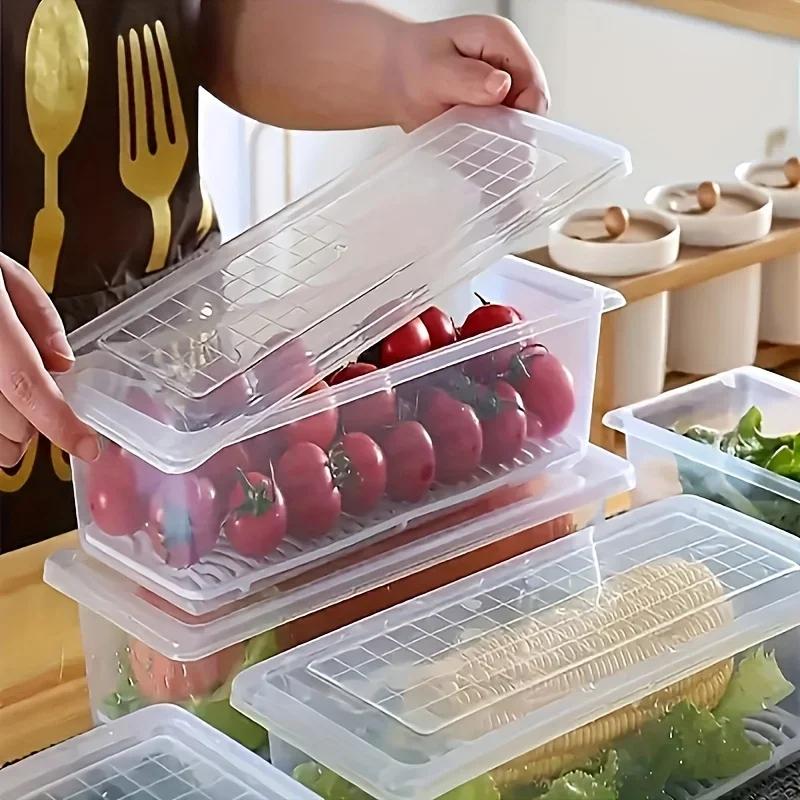 1 шт. Герметичный штабелируемый набор контейнеров для хранения продуктов с крышками и съемным поддоном-дренажем - Многоразовые органайзеры для холодильника