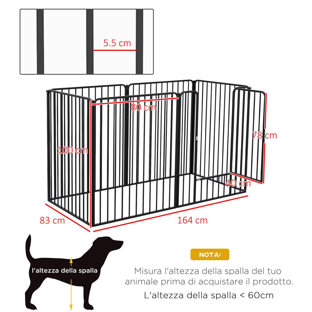 Fence for Large Dogs with 6 Modular Panels in Steel, 164x83x100 cm, Black